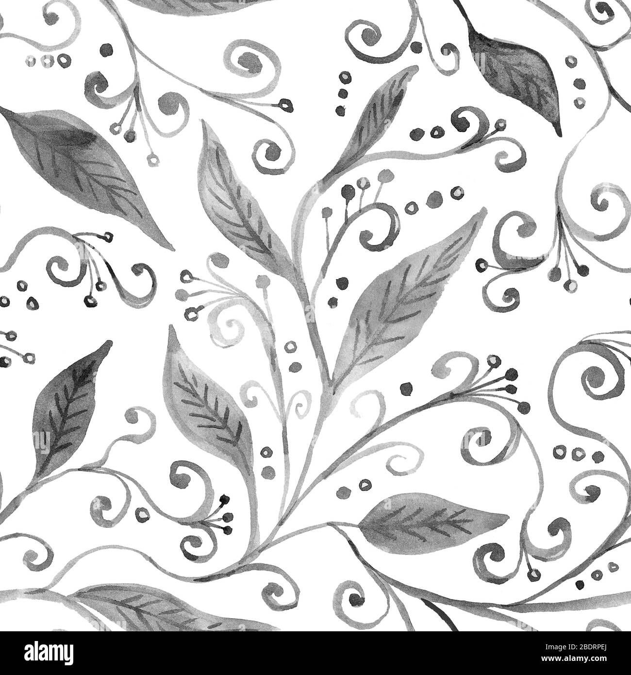 Motif fleuri sans couture avec feuilles abstraites aquarelle monochrome dessinées à la main sur fond blanc. Illustration du stock Banque D'Images