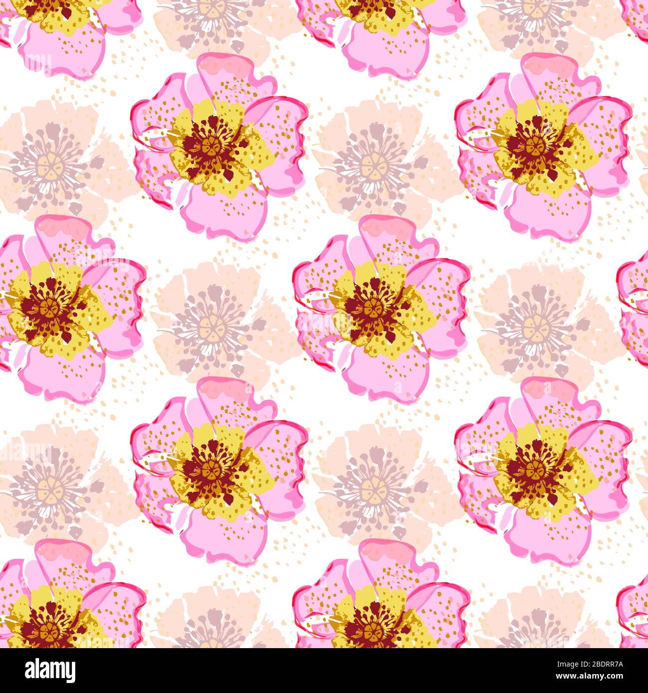 Motif fleuri coloré sans couture avec fleurs de rose de chien dessinées à la main sur fond blanc. Illustration vectorielle. Illustration de Vecteur