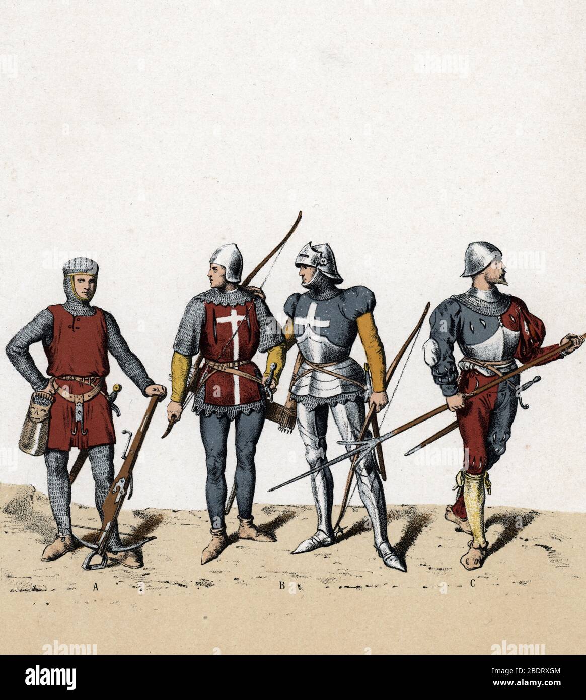 Police française : soldats du guet royal, police de la ville de Paris creee sous Louis IX, 1254 : de gauche a droite, un arbaletrier du 12ème ou 13ème Banque D'Images