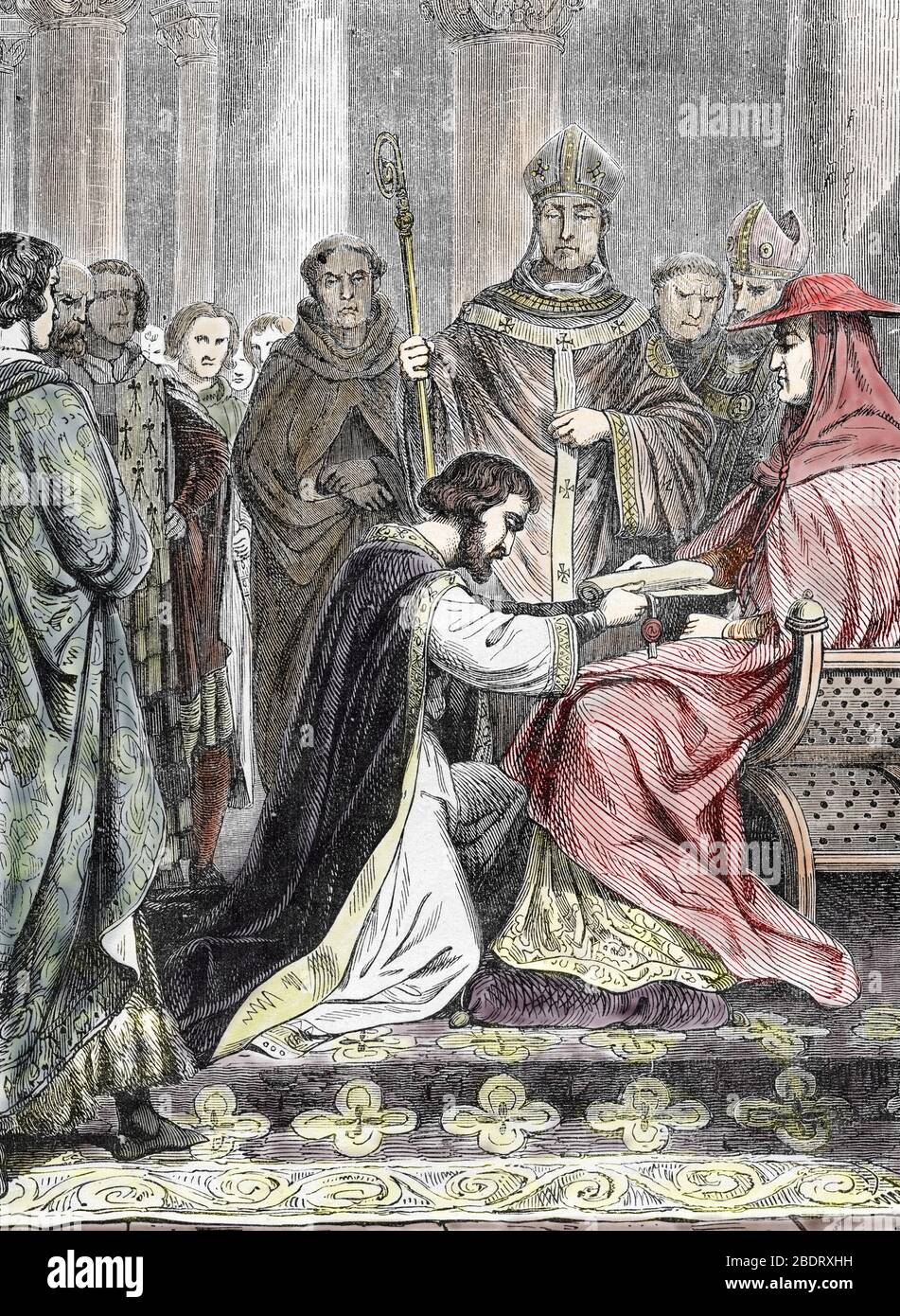 'Jean d'angleterre se soumettant au pape Innocent III en mai 1213, apres son excommunication, il rencontre le legat Pandulf Musca en mai 1213 a l'egli Banque D'Images