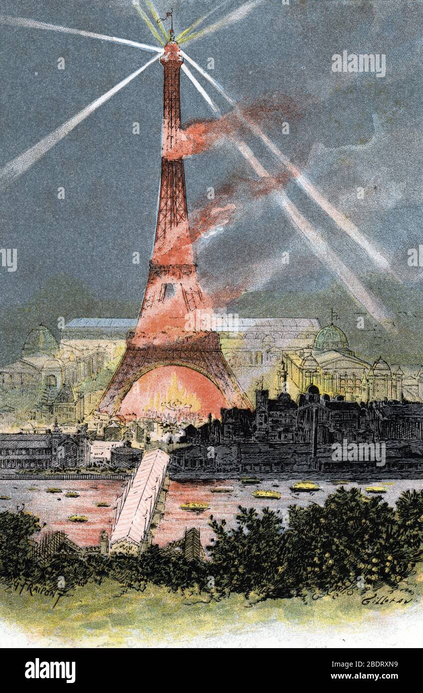 'L'exposition de la Tour Eiffel hors de l'exposition universelle de 1889 Paris' (Tour Eiffel illuminée lors de la foire mondiale de Paris 1889) Dessin Banque D'Images