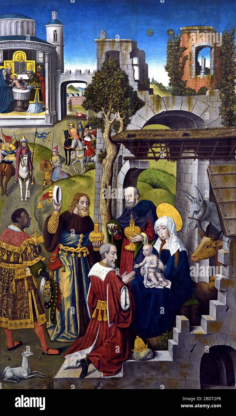 Nativité, adoration des Magi, Présentation dans le Temple, Baptême du Christ, entrée du Christ à Jérusalem c.c.Q..par Maître du Monogramme AH, Picardie ou Pays-Bas 15ème siècle Banque D'Images