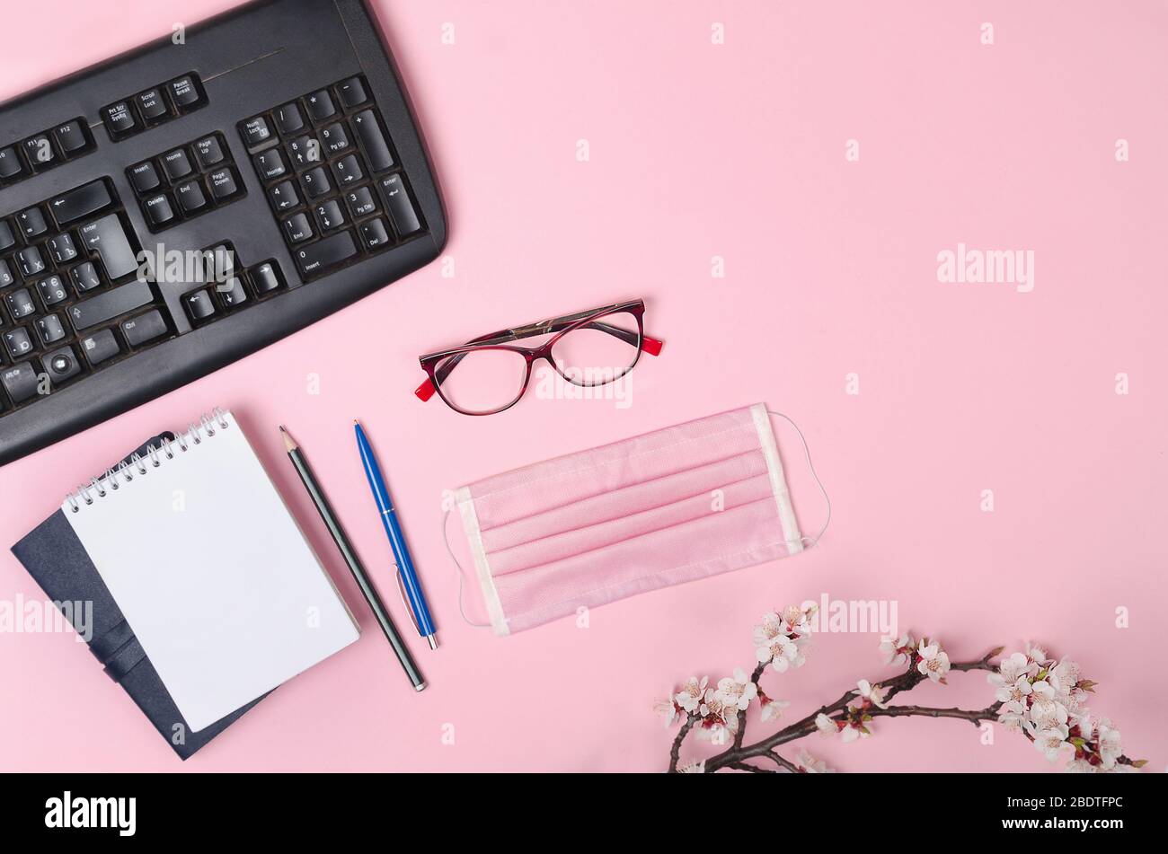 Branches fleuries avec un masque médical, un clavier, un bloc-notes et des lunettes sur un fond rose. Coronavirus COVID-19 Banque D'Images