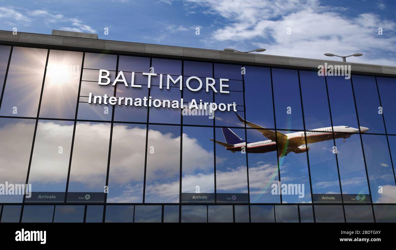 Avion-jet atterrissage à Baltimore, Maryland, USA illustration de rendu en relief. Arrivée en ville avec le terminal de l'aéroport de verre et réflexion de la Banque D'Images