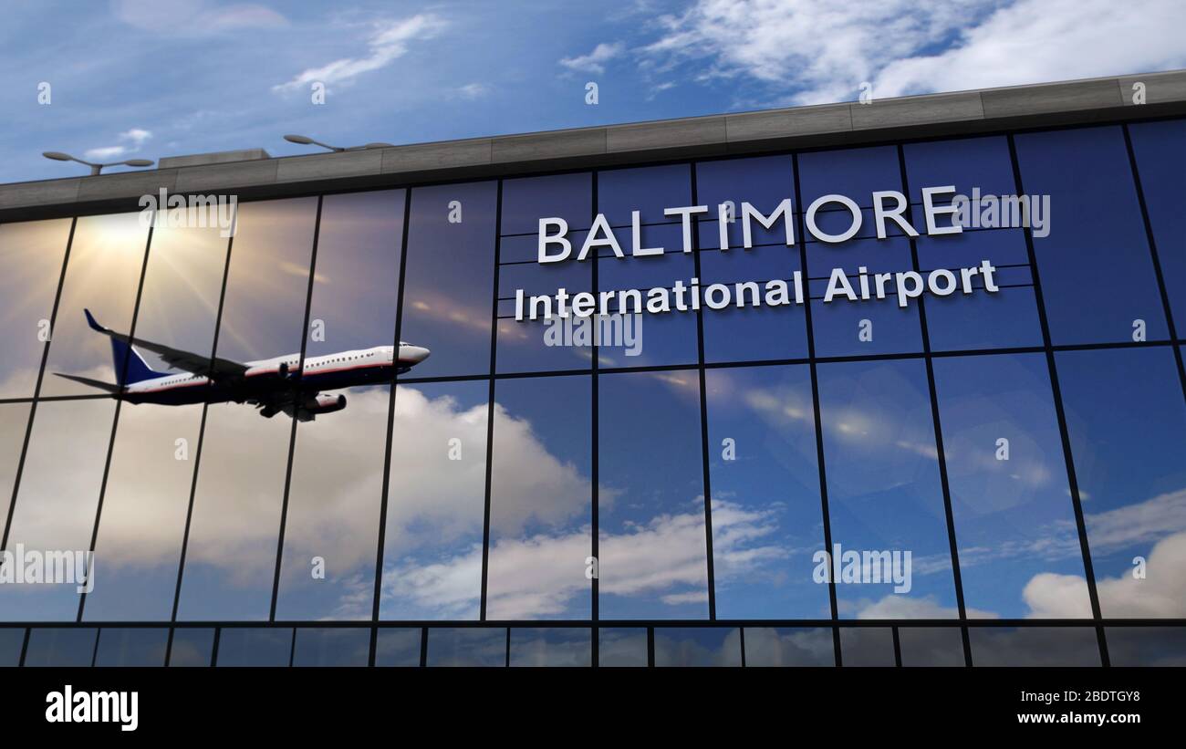 Avion-jet atterrissage à Baltimore, Maryland, USA illustration de rendu en relief. Arrivée en ville avec le terminal de l'aéroport de verre et réflexion de la Banque D'Images