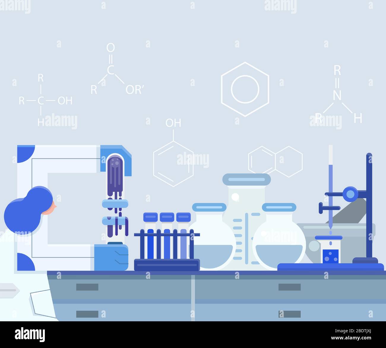 Expériences scientifiques sur réactif chimique avec table pleine de verrerie de laboratoire et d'équipement. Concept design plat caractère scientifique. Illustration de Vecteur