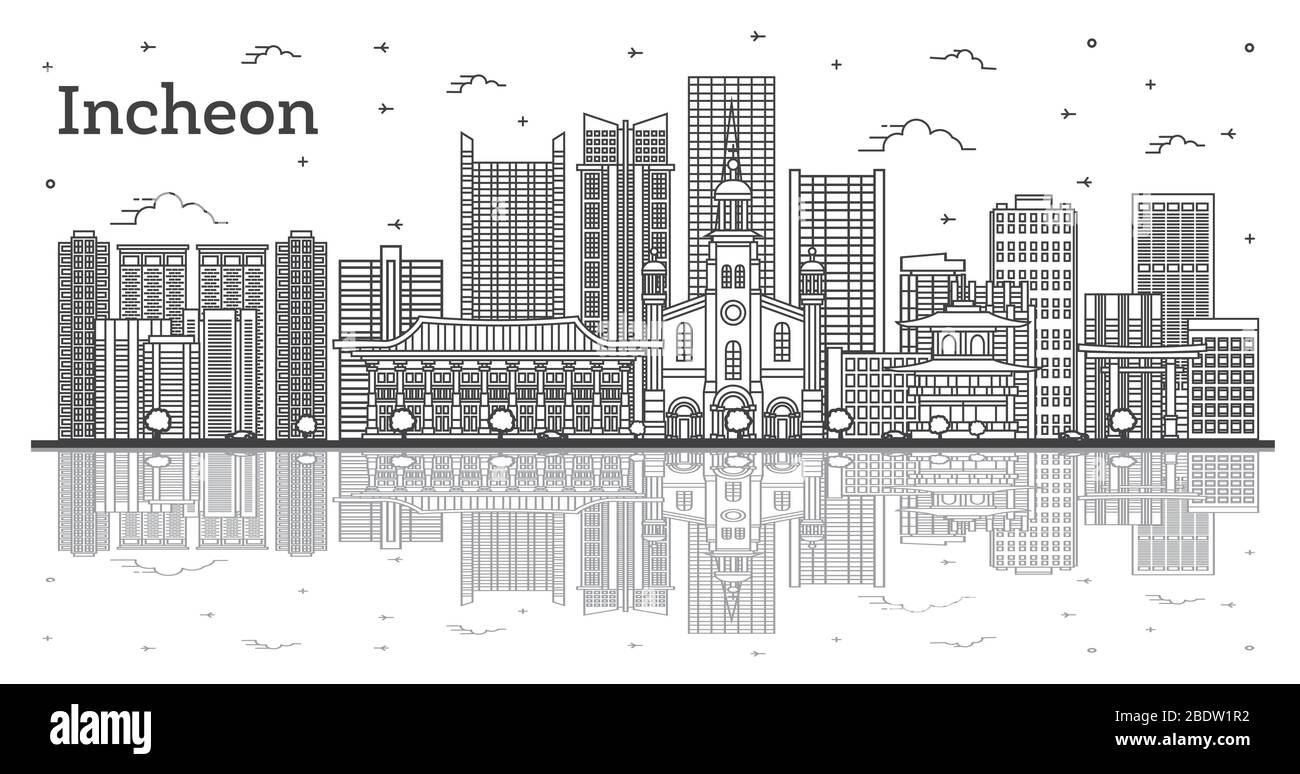 Aperçu Incheon South Korea City Skyline avec bâtiments modernes et réflexions isolées sur le blanc. Illustration vectorielle. Illustration de Vecteur