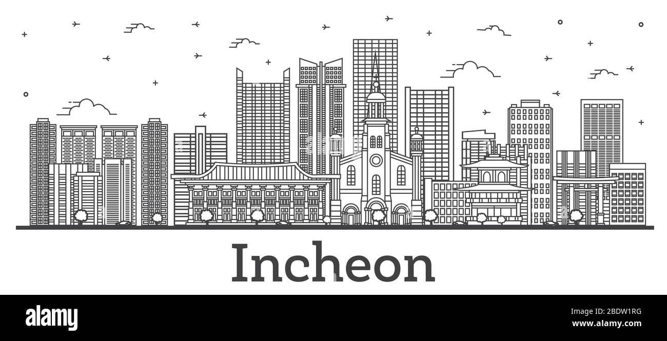 Aperçu Incheon South Korea City Skyline avec bâtiments modernes isolés sur blanc. Illustration vectorielle. Incheon Cityscape avec des monuments. Illustration de Vecteur