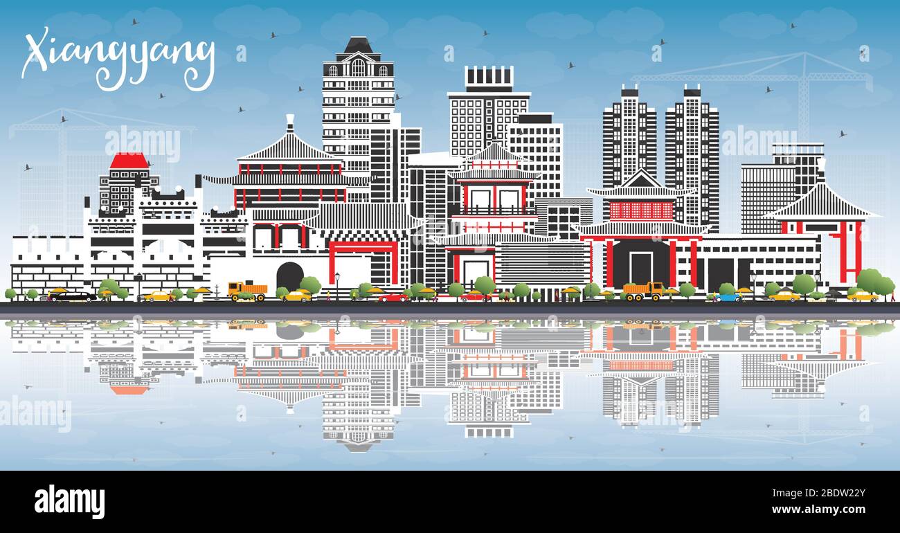 Xiangyang China City Skyline avec bâtiments couleur, ciel bleu et réflexions. Illustration vectorielle. Illustration de Vecteur