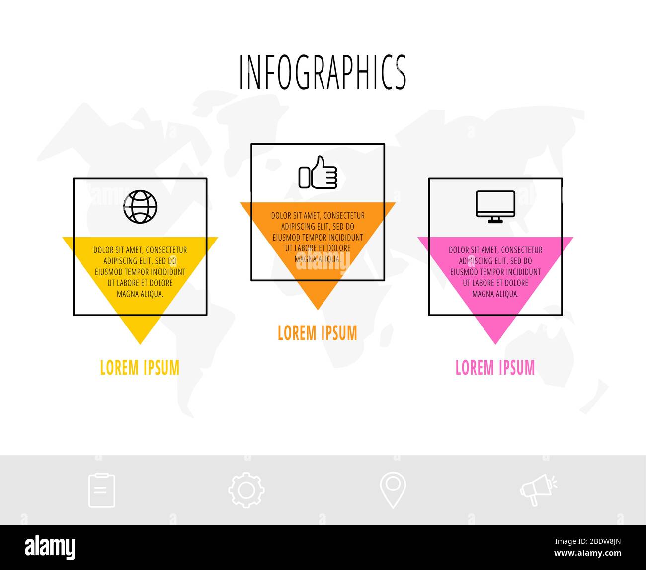 Infographies professionnelles horizontales avec 3 éléments avec flèches. Modèle vectoriel à plat de trois options métier. Concept de design moderne Illustration de Vecteur