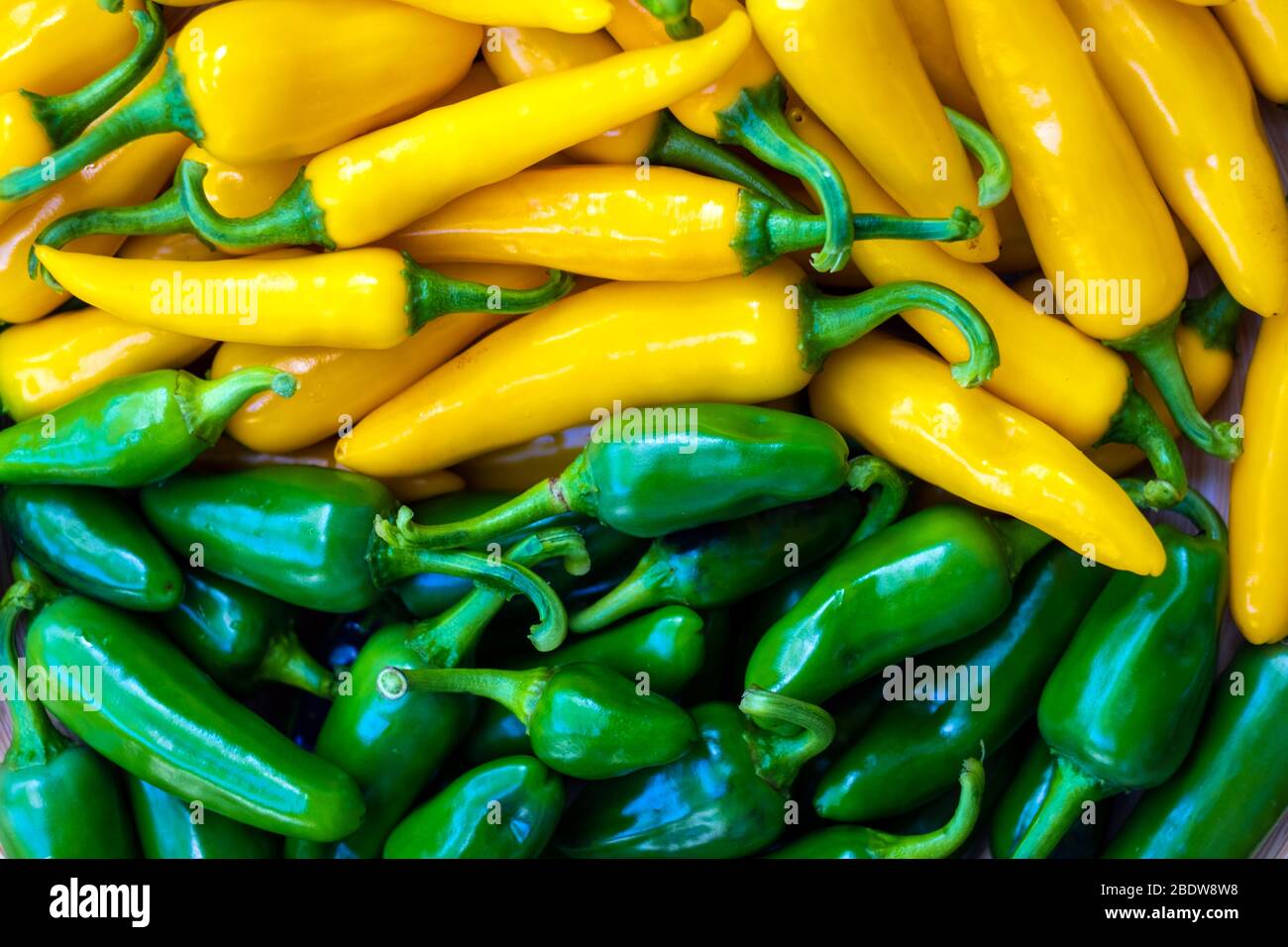 Fermeture des poivrons chauds jaunes et verts. Photographie alimentaire Banque D'Images