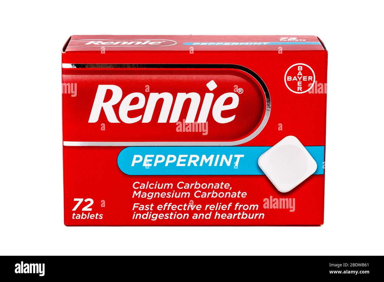 Comprimés de Rennie, soulagement de l'indigestion de Rennie, comprimés de brûlures d'estomac de Rennie, boîte de rennie, Bayer, Rennie, boîte, comprimés, carbonate de calcium, carbonate de magnésium, Banque D'Images
