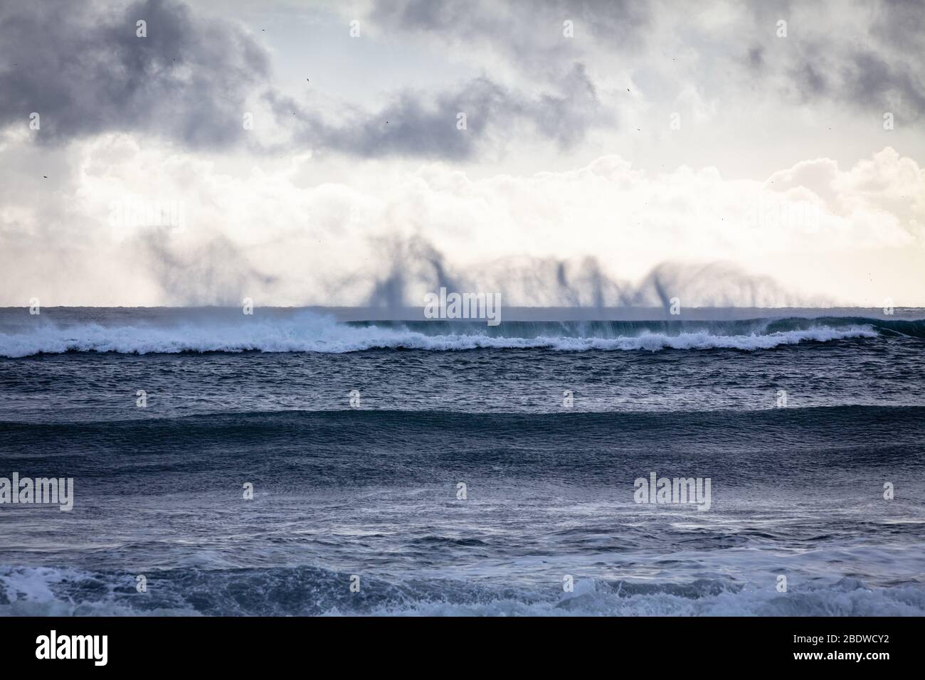 Les vagues sont fouettées par le vent à la célèbre plage de sable noir de Reynisfjara à Vík í Mýrdal sur la côte sud de l'Islande Banque D'Images