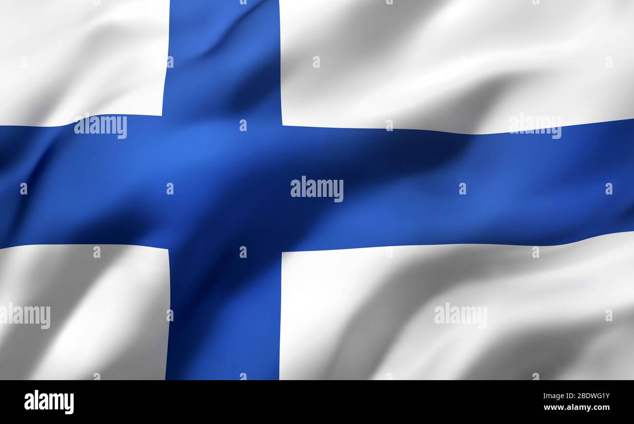 Drapeau de la Finlande soufflant dans le vent. Drapeau volant finlandais pleine page. Illustration tridimensionnelle. Banque D'Images