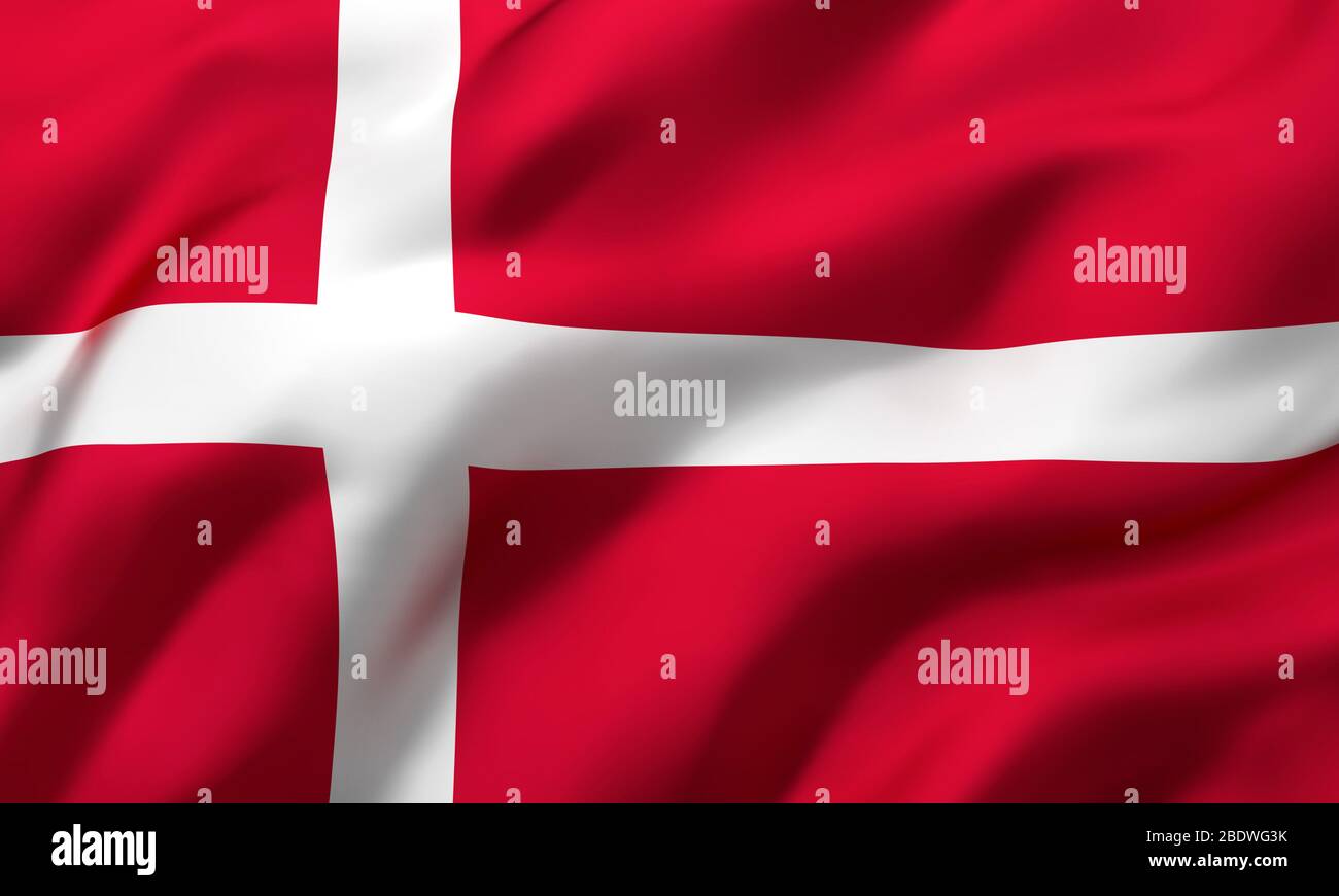 Drapeau du Danemark souffle dans le vent. Drapeau volant danois pleine page. Illustration tridimensionnelle. Banque D'Images