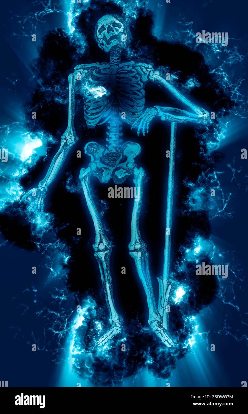 Image rehaussée numériquement d'un squelette avant plein corps masculin imprimé sur bois à l'ouverture du livre d'anatomie humaine 'Notomie di Titiano' imprimé dans ITA Banque D'Images