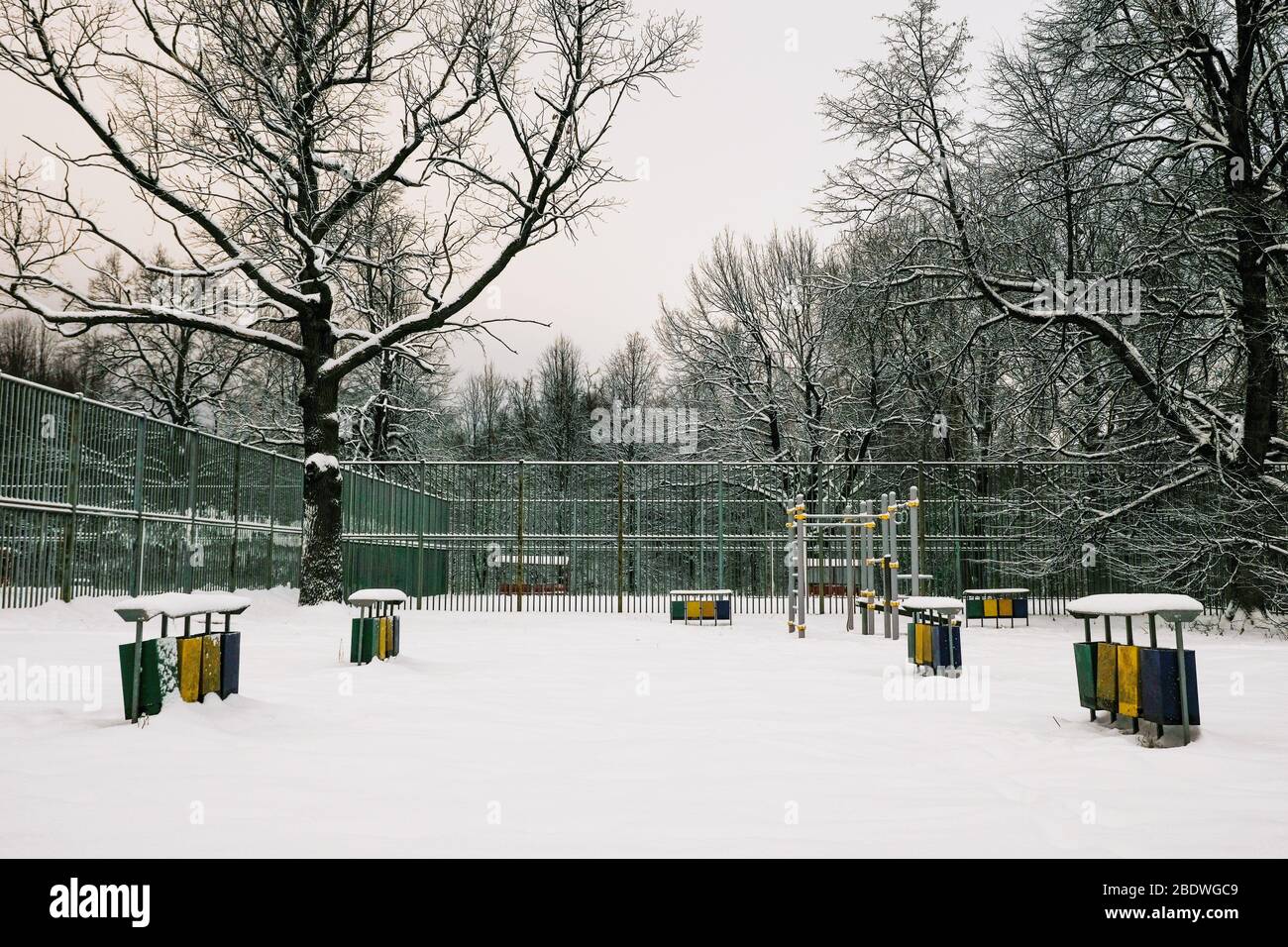 Terrain de sport dans le parc avec arbres en hiver avec neige. Moscou - Russie. Banque D'Images
