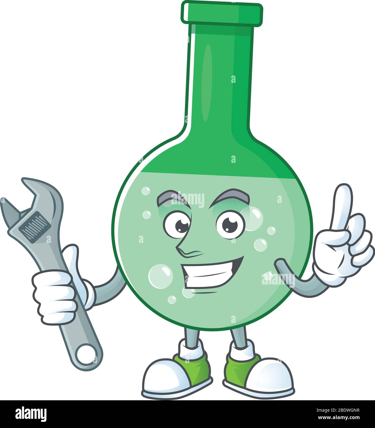 Un mascotte de bouteille de produit chimique vert mécanique fixe une machine cassée Illustration de Vecteur