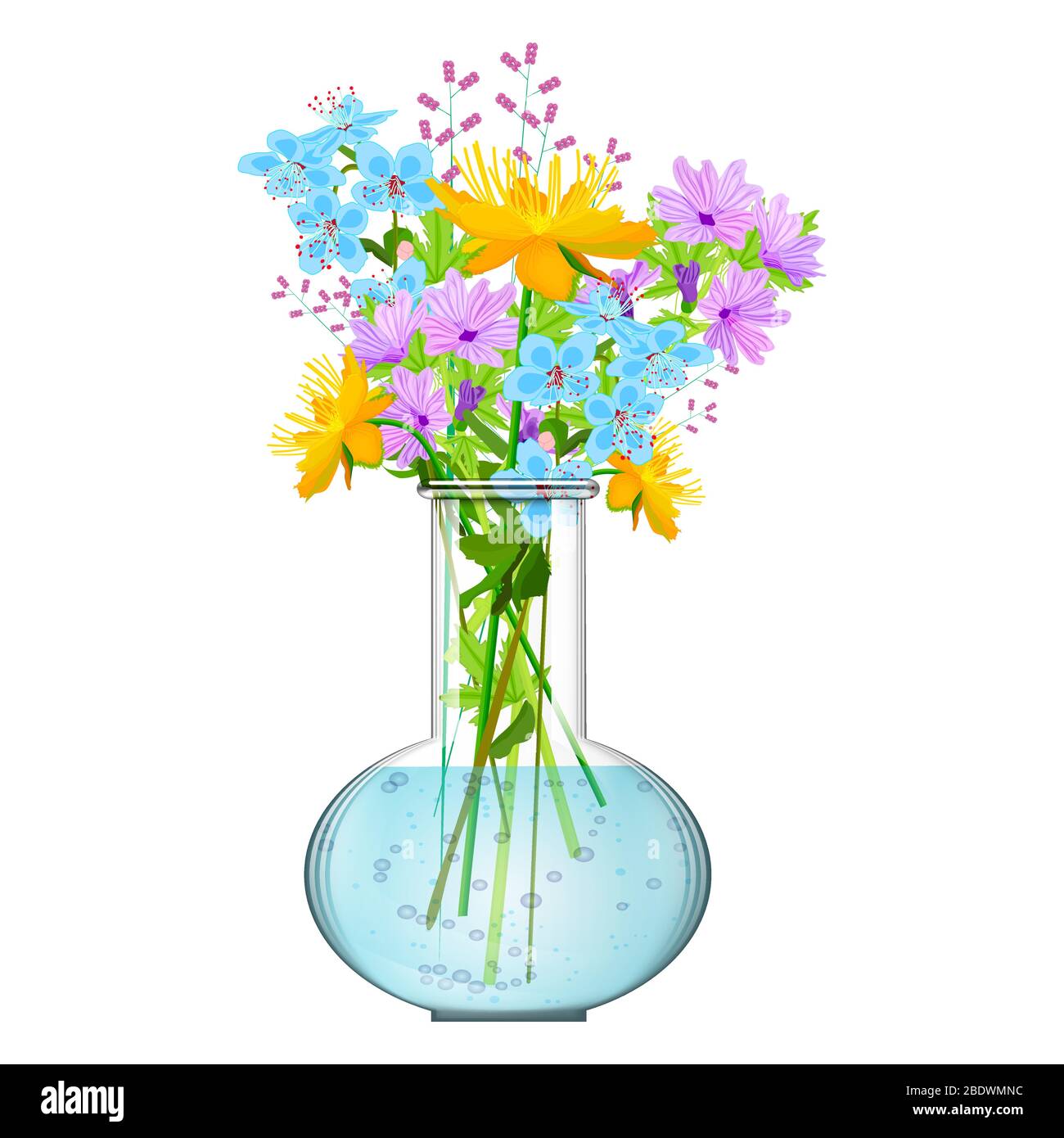 Bouquet de fleurs dans le vase isolé sur fond blanc. Bouquet de fleurs sauvages dans un vase à lunettes. Bouquet de fleurs de jardin printanières. Vecteur de stock Illustration de Vecteur