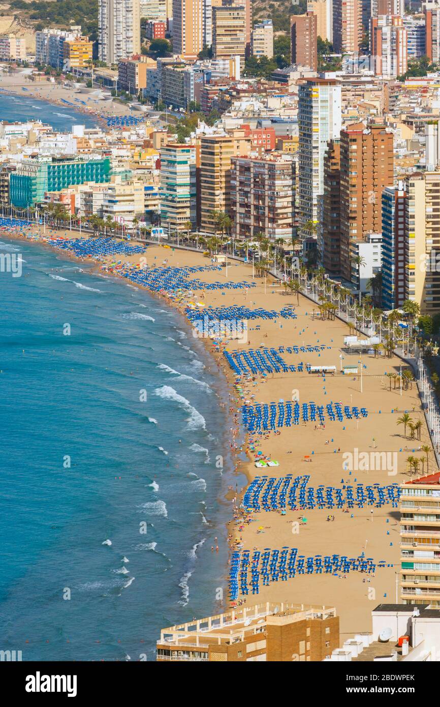 Benidorm, Costa Blanca, Alicante Province, Espagne. Vue générale montrant la plage Levante. Banque D'Images
