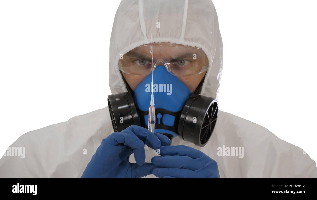 Recherche médicale, vaccin contre le coronavirus UN homme dans une combinaison protectrice Banque D'Images