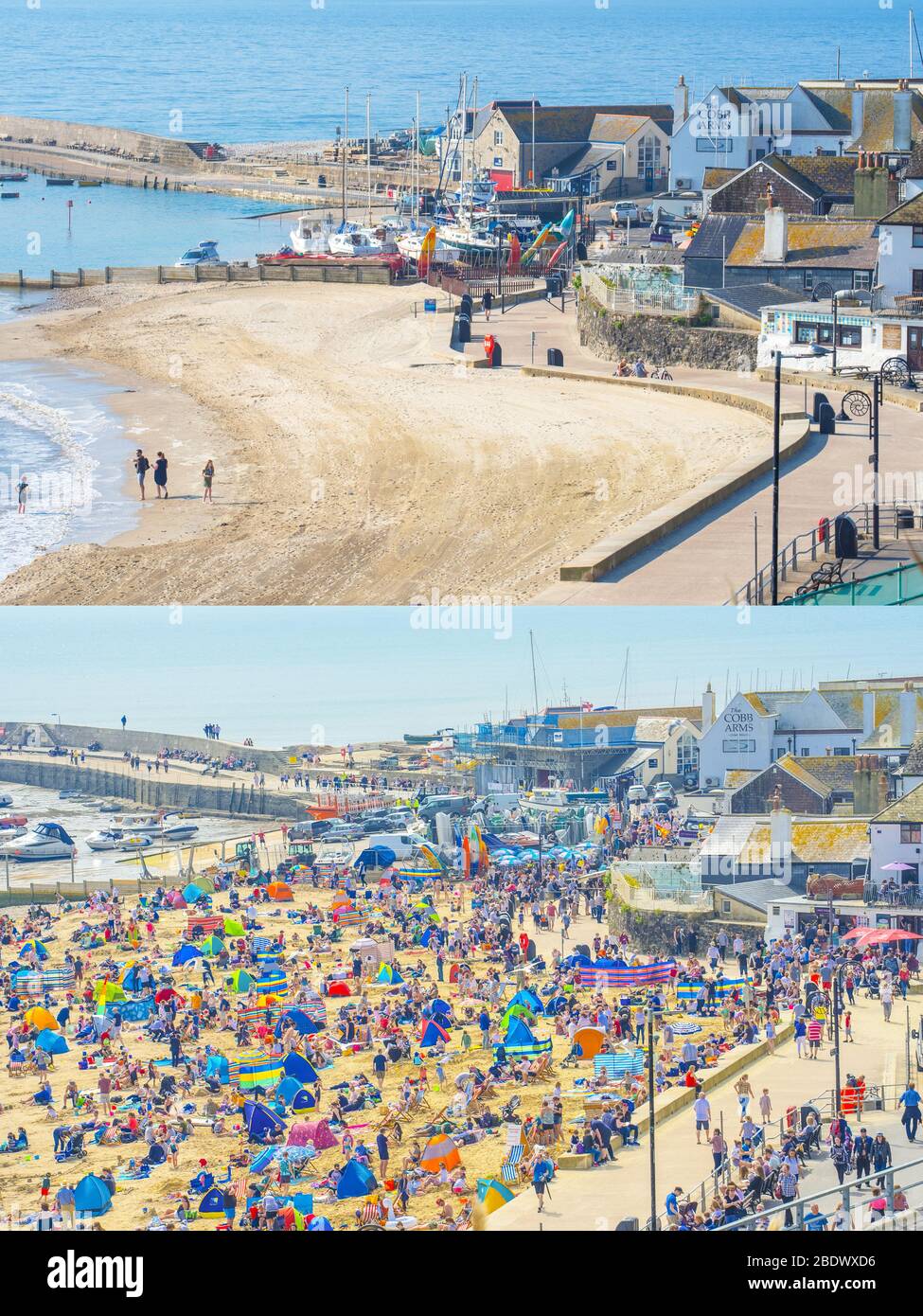 Lyme Regis, Dorset, Royaume-Uni. 10 avril 2020. Météo britannique : plages vides à Lyme Regis vendredi Saint en dépit du soleil chaud glorieux que les gens tiennent compte de l'instruction du gouvernement de rester à la maison à la lumière de la pandémie de Covid-19. Les plages vides sont en contraste avec la scène de Pâques dernier quand les vacanciers et les amateurs de plage se sont enfermés dans des tombes pour profiter des plages de la ville sur le week-end de vacances aussi chaud et ensoleillé de la banque de Pâques. . Crédit: Celia McMahon/Alay Live News. Banque D'Images