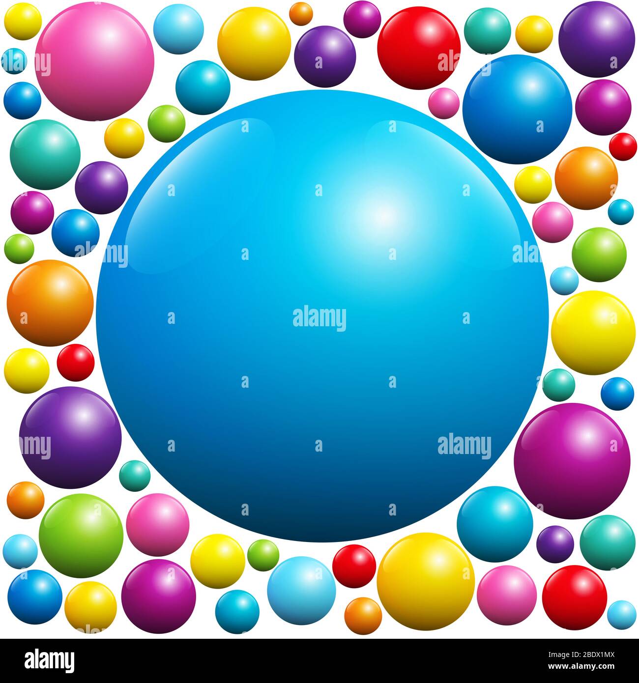 Boule bleue entourée de nombreuses boules colorées - illustration sur fond blanc. Banque D'Images