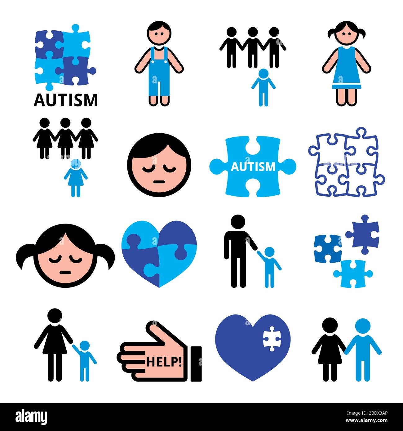 Casse-tête de sensibilisation à l'autisme, enfants autistes vecteur bleu icônes ensemble - concept de santé Illustration de Vecteur