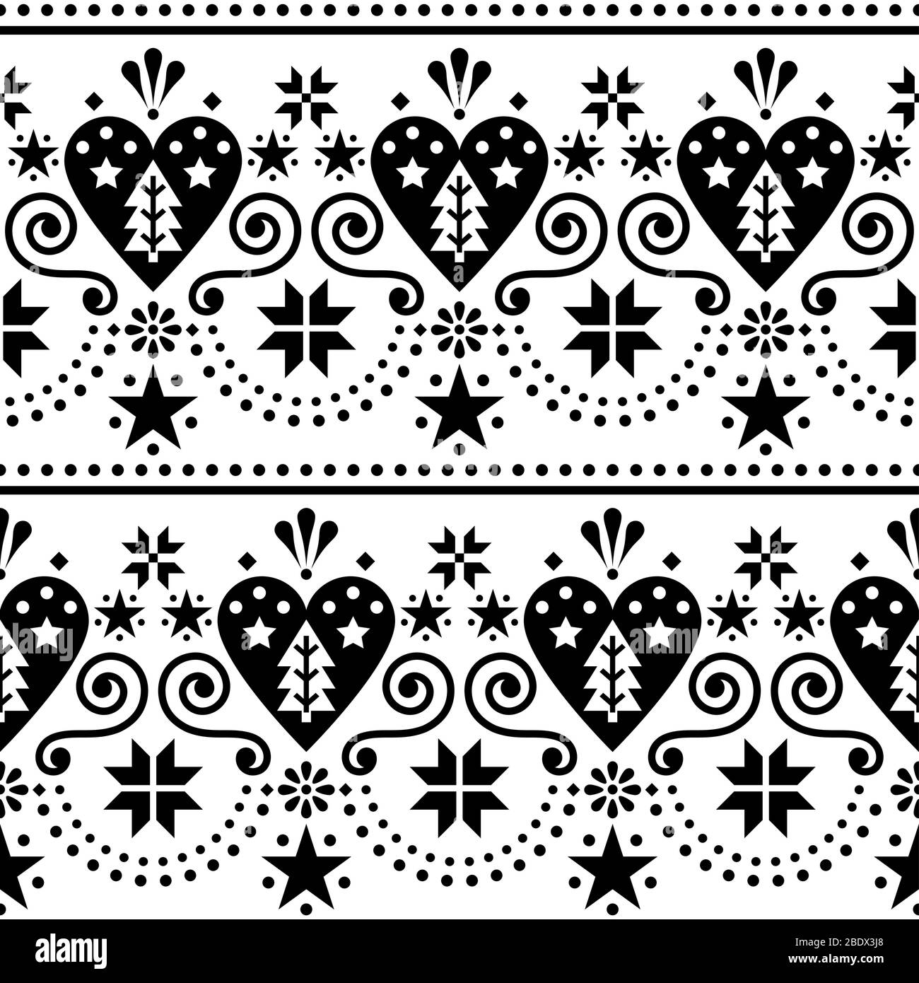 L'art populaire de Noël scandinave modèle vectoriel continu - long, répétitif horizontale avec les arbres de Noël, les flocons et les cœurs Illustration de Vecteur