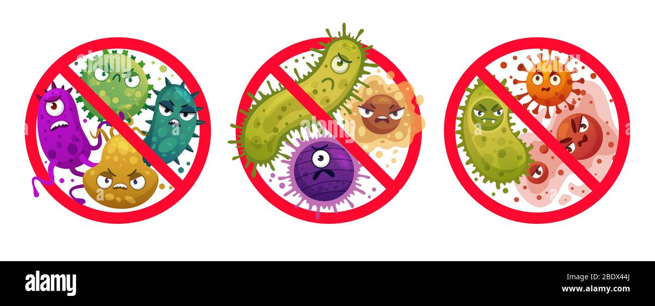 Signe d'interdiction de bactéries. La bande dessinée a traversé des microbes et des virus, la protection bactérienne et la désinfection attention icône dessin animé illustration vectorielle Illustration de Vecteur