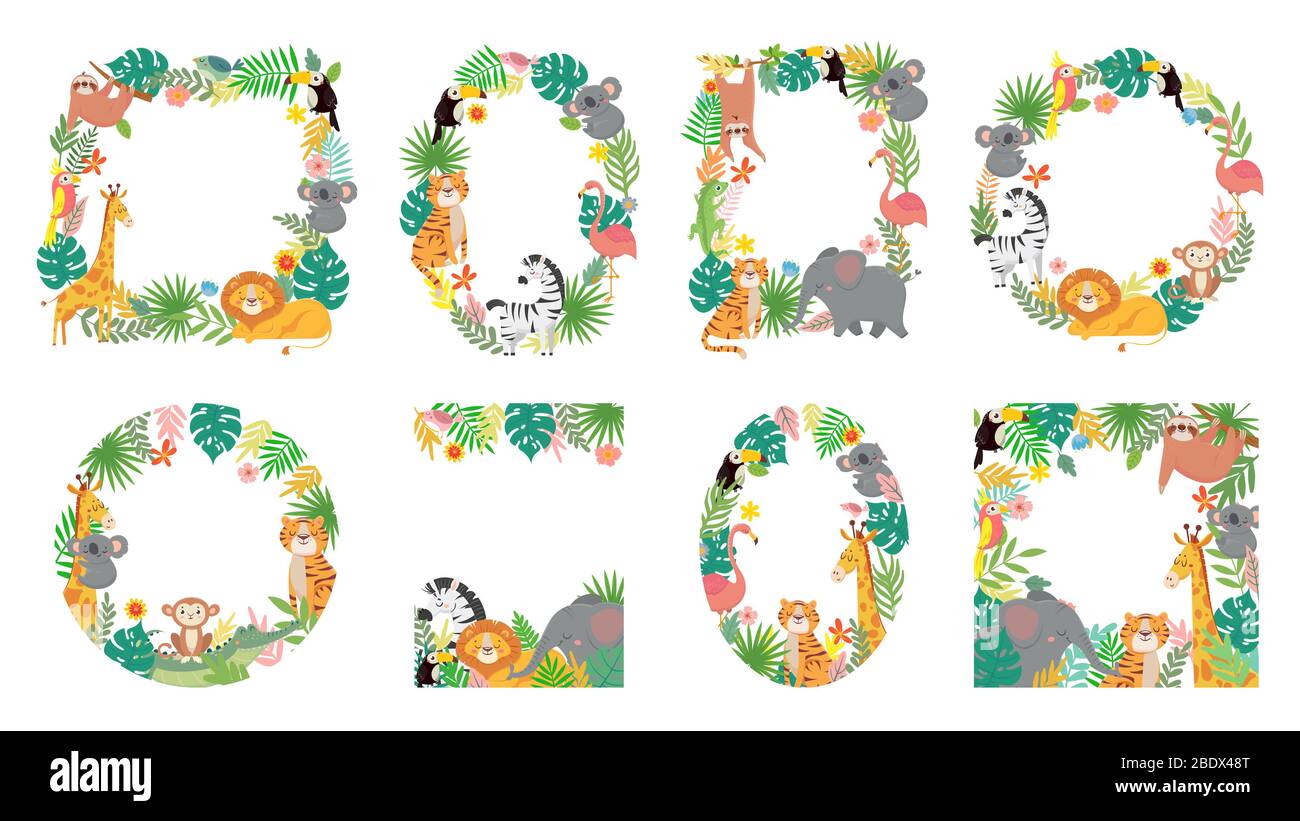 Cadre des animaux de dessin animé. Animal de jungle dans des feuilles tropicales, cadres mignons avec tigre, lion, girafe et éléphant illustration vectorielle ensemble Illustration de Vecteur