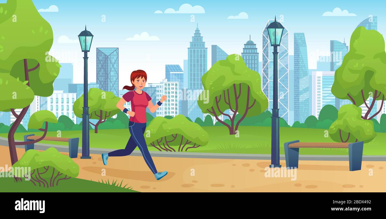 Fille jogging dans le parc de la ville. Une femme active est présente sur l'entraînement, les activités sportives en plein air et l'illustration vectorielle de style de vie sain Illustration de Vecteur