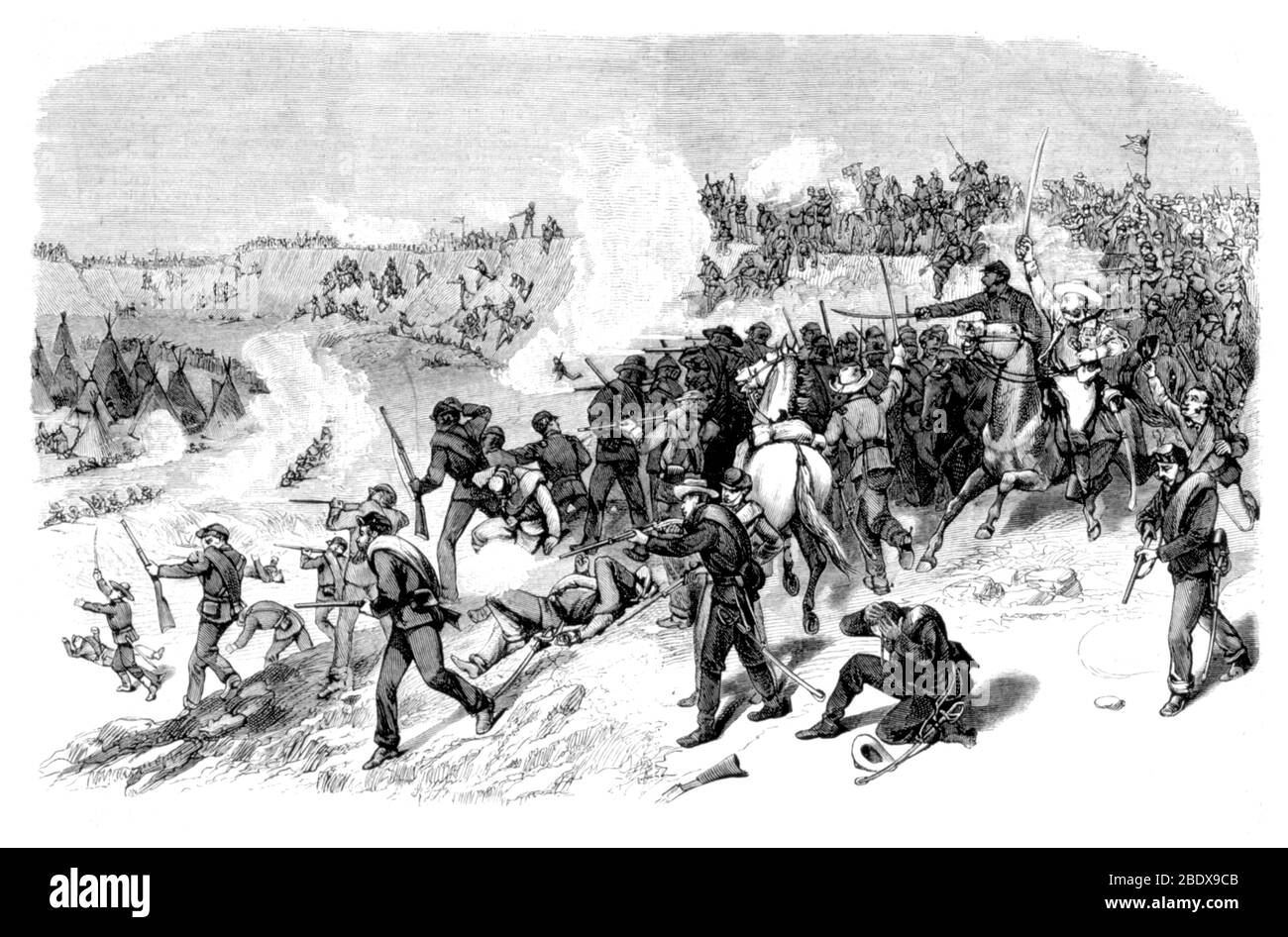 Guerre de Nez Perce, attaque surprise de General Miles, 1877 Banque D'Images