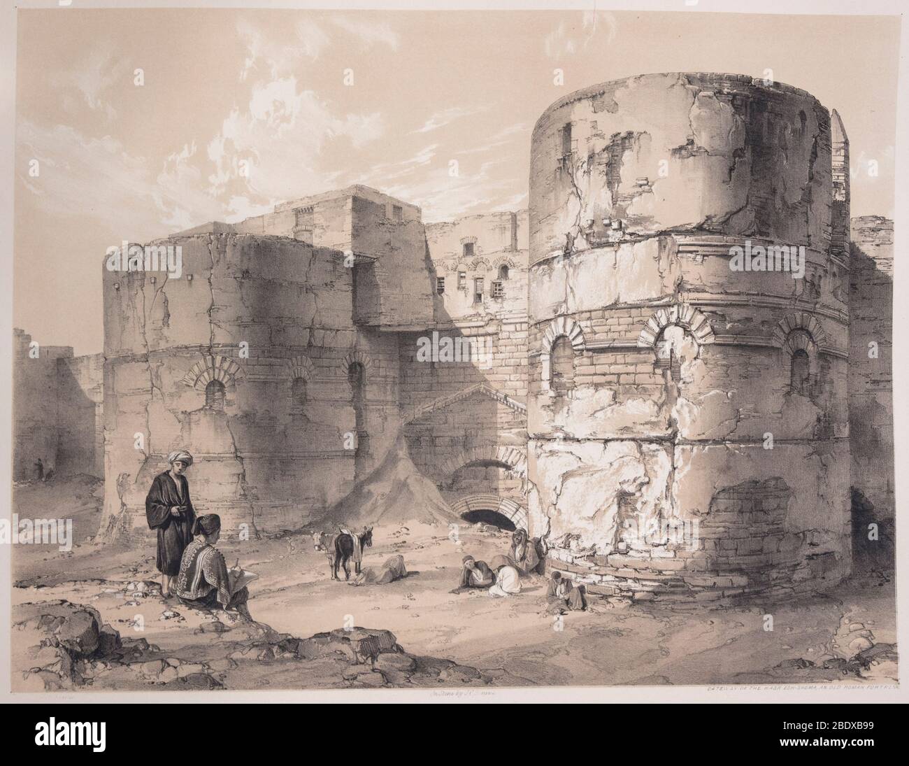 Porte d'entrée du Qasr Esh-shema, ancienne forteresse romaine, Robert Hay, illustrations du Caire, Londres, 1840 Banque D'Images