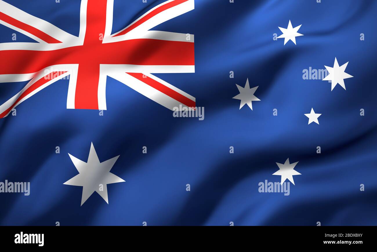 Drapeau de l'Australie soufflant dans le vent. Drapeau volant australien pleine page. Illustration tridimensionnelle. Banque D'Images