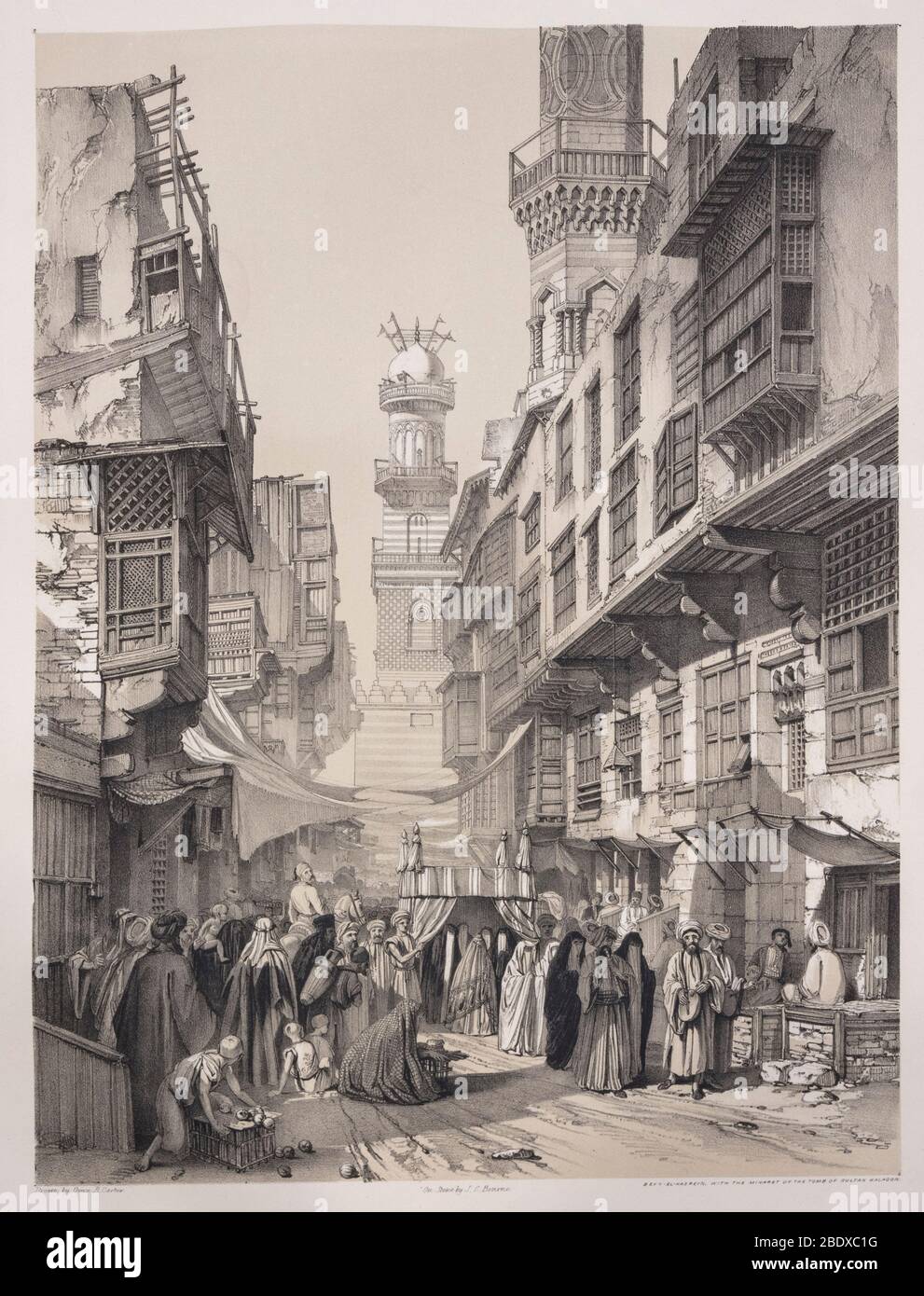 Beyn el-Kasreyn avec le minaret de la tombe du Sultan Kalaoon, Robert Hay, illustrations du Caire, Londres, 1840 Banque D'Images