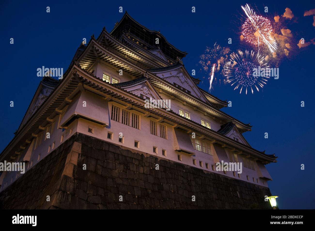 Feux d'artifice célébrant le château japonais la nuit Banque D'Images