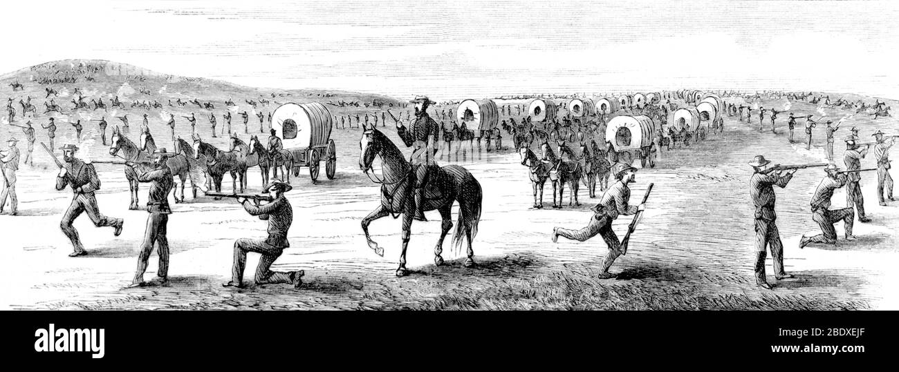 Guerre de Red Cloud, Sioux et Cheyenne attaquent le train Wagon, 1867 Banque D'Images
