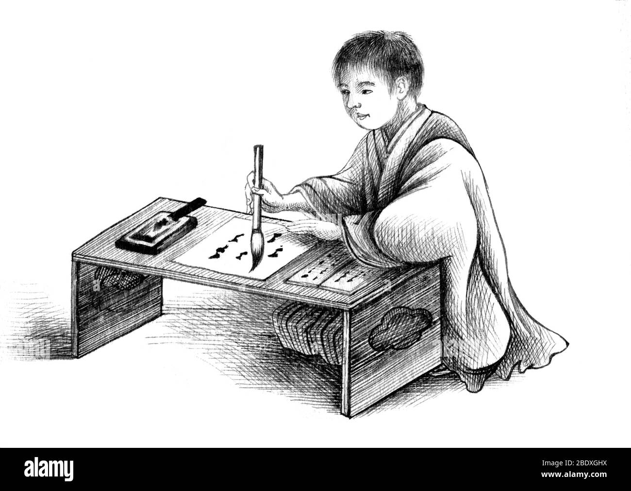 Enfant japonais pratiquant la calligraphie, 1878 Banque D'Images