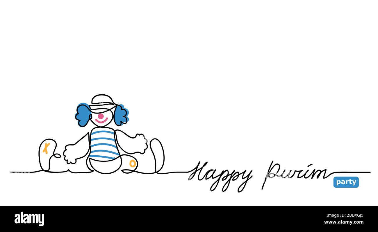Happy purim simple vecteur Web bannière avec clown. Un dessin en ligne continue, arrière-plan, illustration avec lettrage Illustration de Vecteur