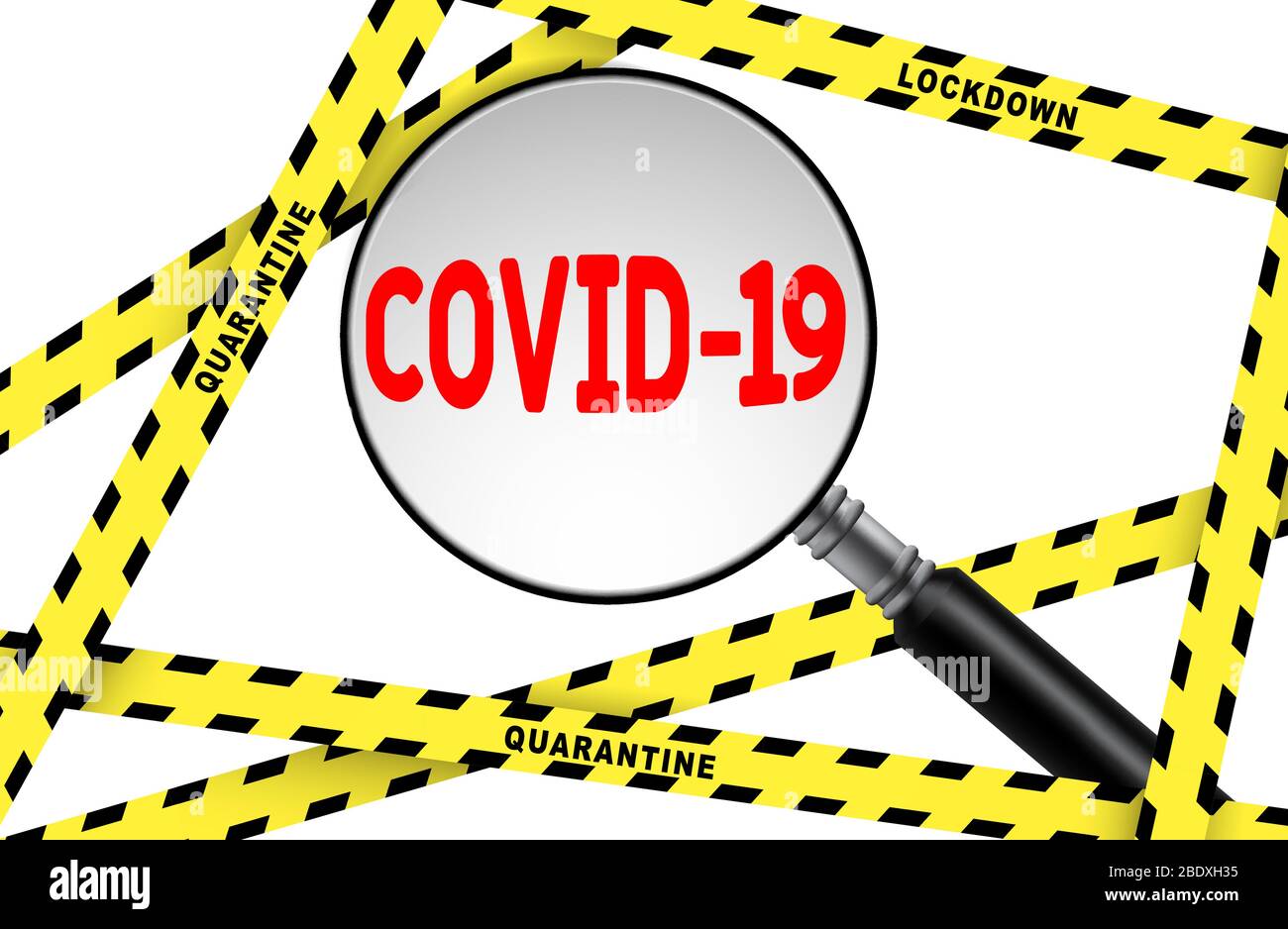 Covid-19 sous une loupe et des bandes d'attention jaunes isolées sur blanc. Pandémie de coronavirus. Illustration de Vecteur