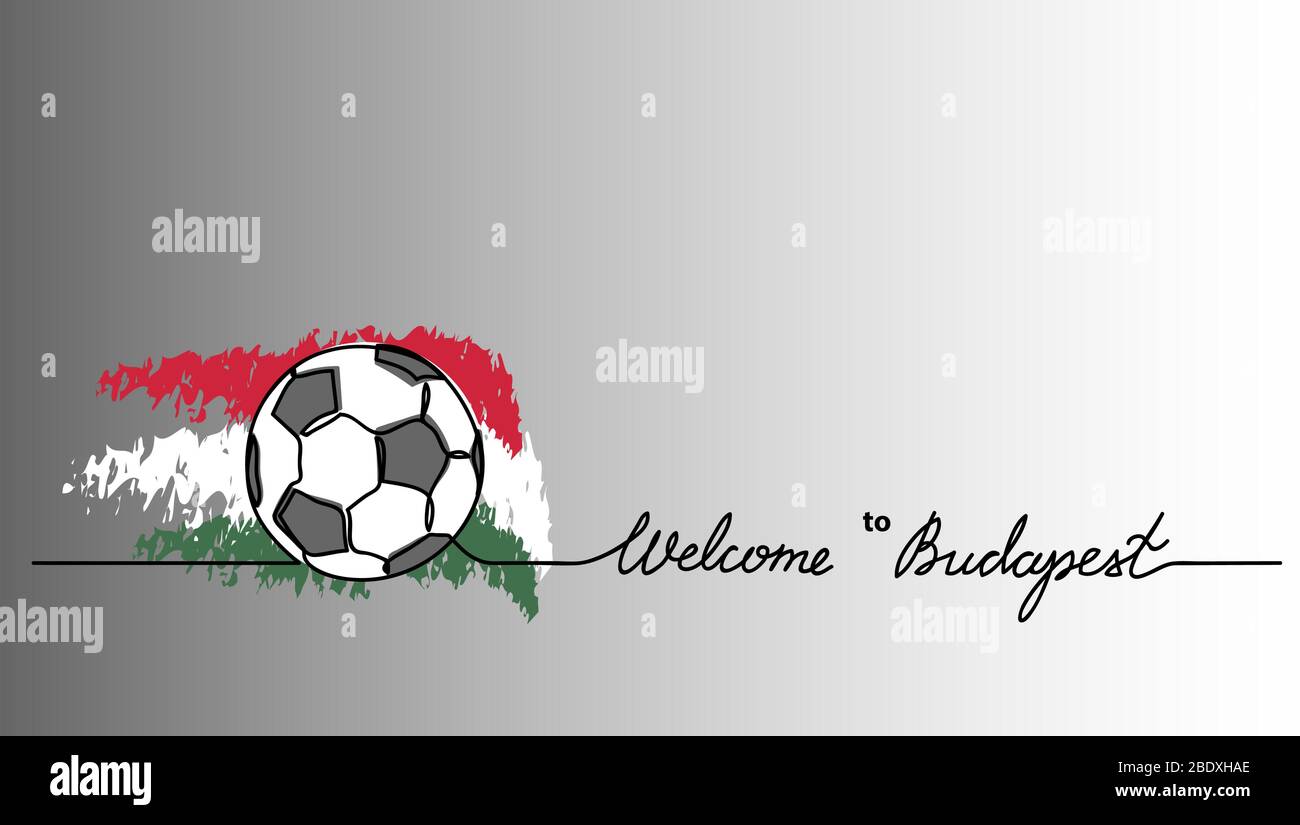 Bienvenue à Budapest Simple soccer, bannière de football. Fond vectoriel avec croquis de ballon de football et drapeau hongrois avec lettrage. Illustration de Vecteur