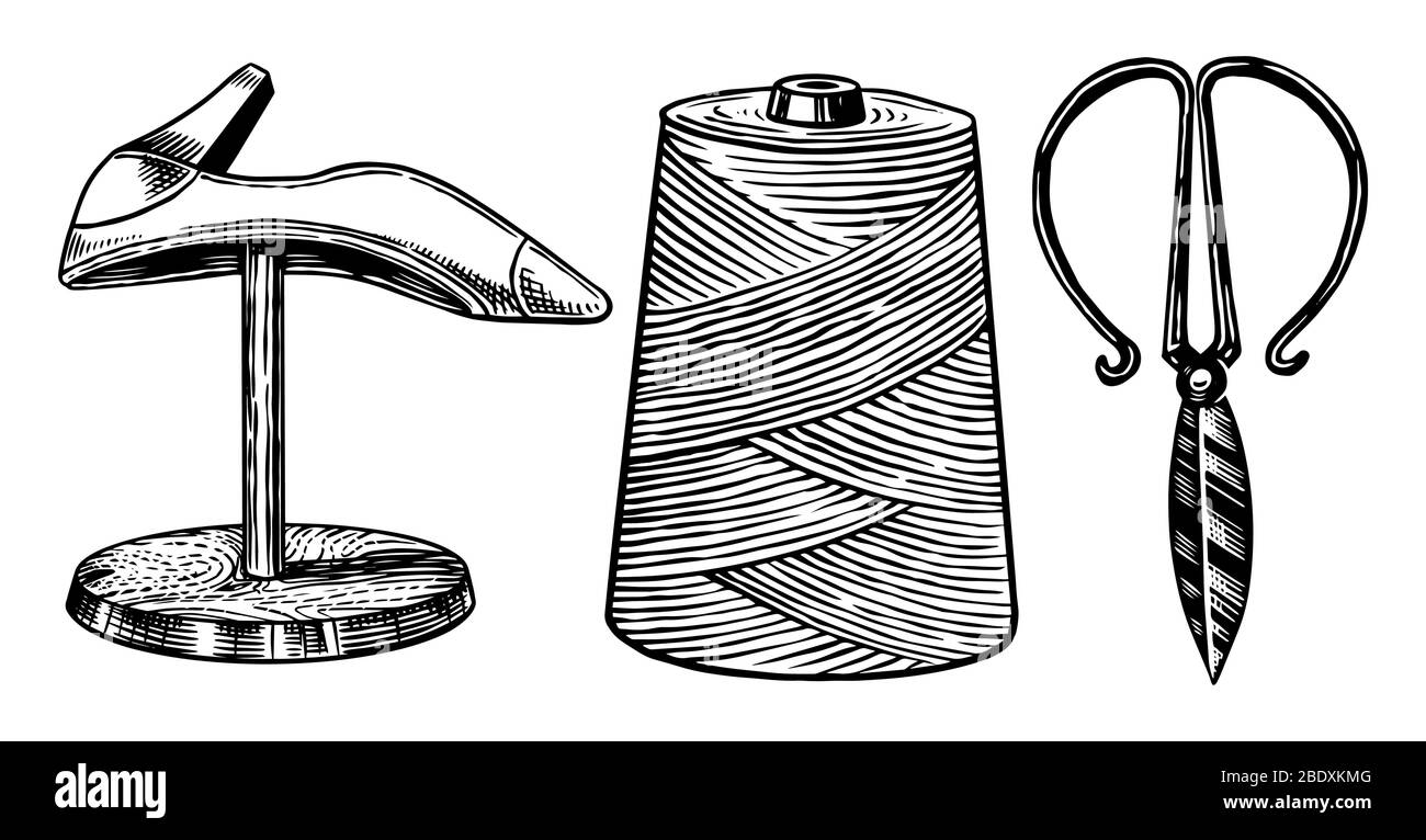 Fils de chaussures pour la couture et les ciseaux victoriens. Ensemble de cordonnier. Équipements professionnels pour la réparation de chaussures. Shoemaker ou bootmaker. Gravé à la main ancien Illustration de Vecteur