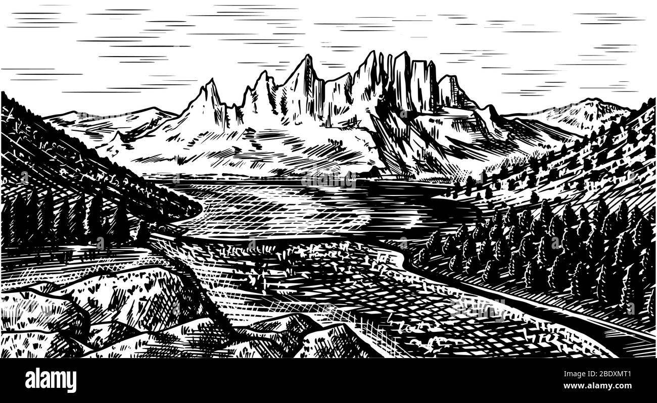 Paysage de montagne arrière-plan. Pics alpins et forêt. Mont vintage et vallée. Concept de voyage. Croquis gravé à la main pour affiches extérieures Illustration de Vecteur