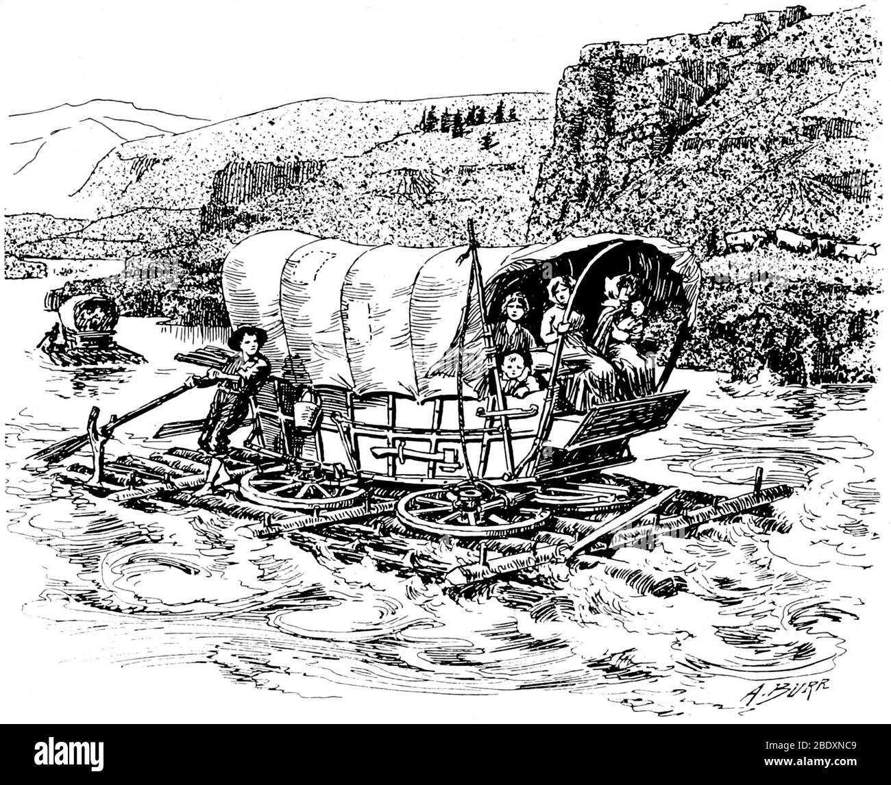 Pionniers avec Wagon sur Raft, Oregon Trail Banque D'Images