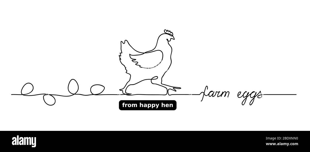 Vecteur de poule ou de poulet avec œufs. Lettrage des œufs de ferme, texte. Un dessin en ligne continue. Fond minimal et simple pour la conception d'étiquettes. Illustration de Vecteur