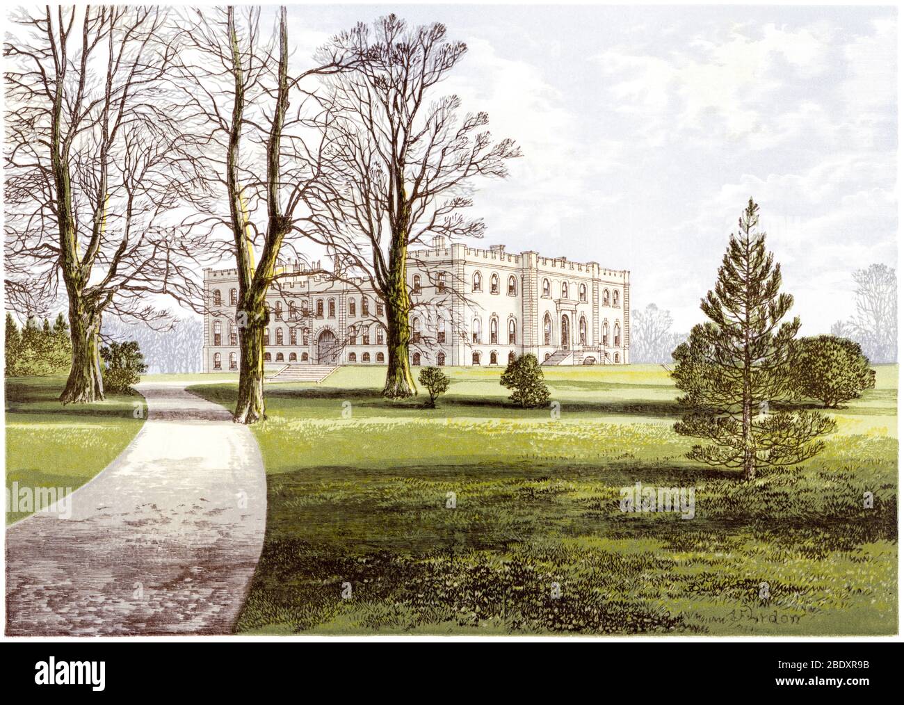 Illustration colorée du château de Kimbolton, le Huntingdonshire a numérisé à haute résolution à partir d'un livre imprimé en 1870. Cru libre de droits d'auteur. Banque D'Images