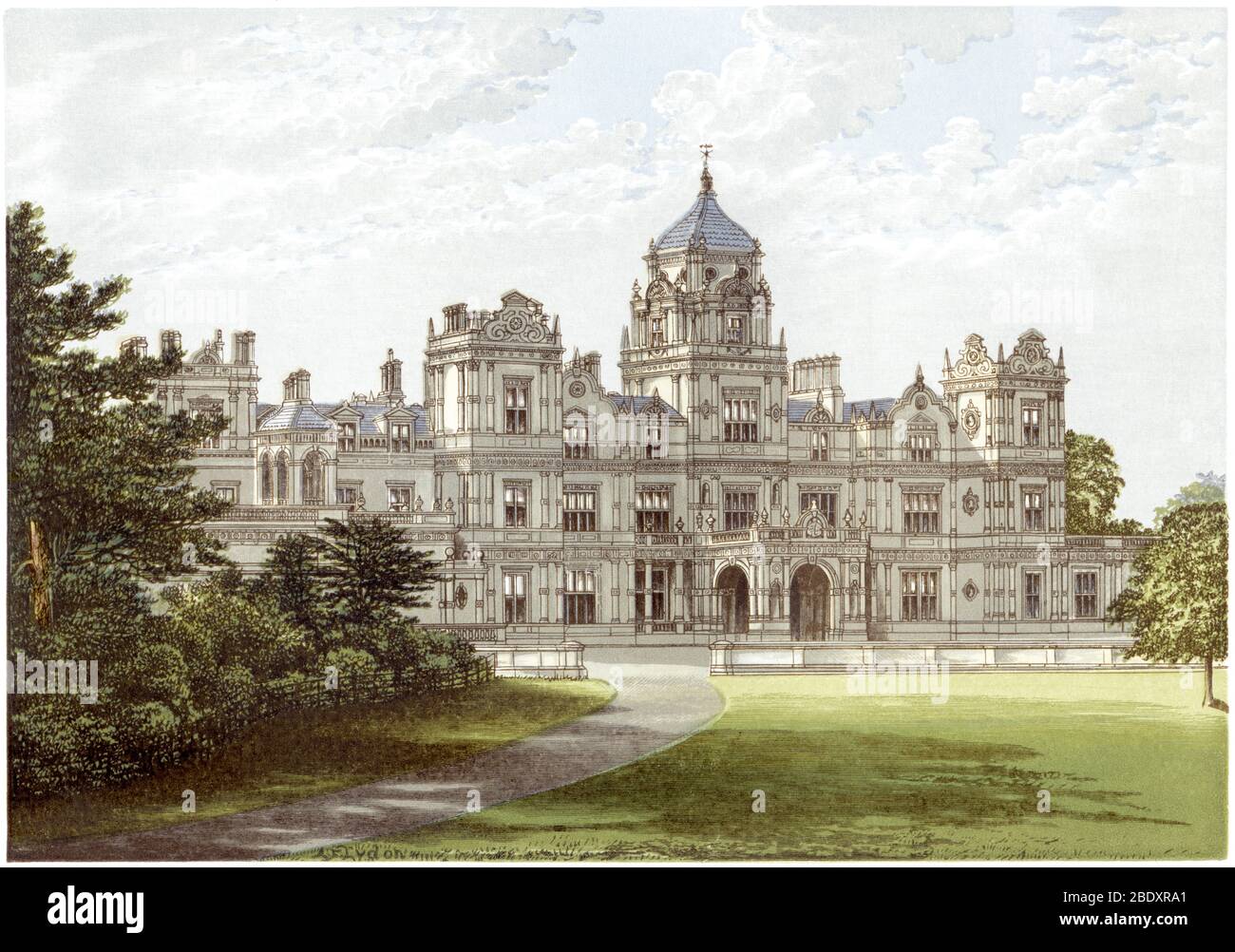 Illustration colorée de la maison Westonbirt, Gloucestershire numérisé à haute résolution à partir d'un livre imprimé en 1870. Cru libre de droits d'auteur. Banque D'Images