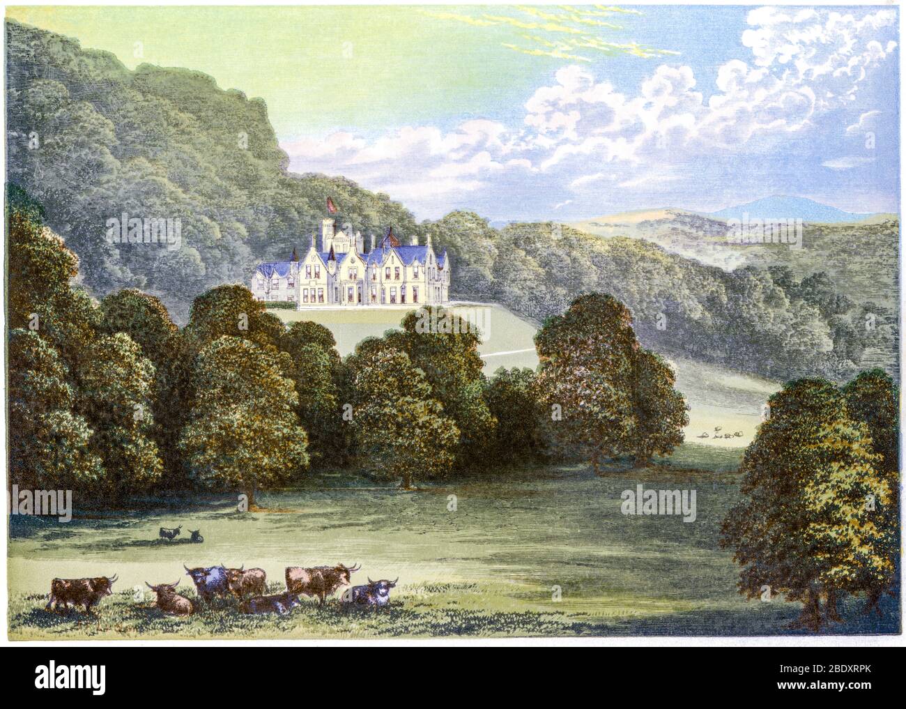 Une illustration colorée de Philiphhaugh près de Selkirk, en Écosse, a été numérisée en haute résolution à partir d'un livre imprimé en 1870. Cru libre de droits d'auteur. Banque D'Images