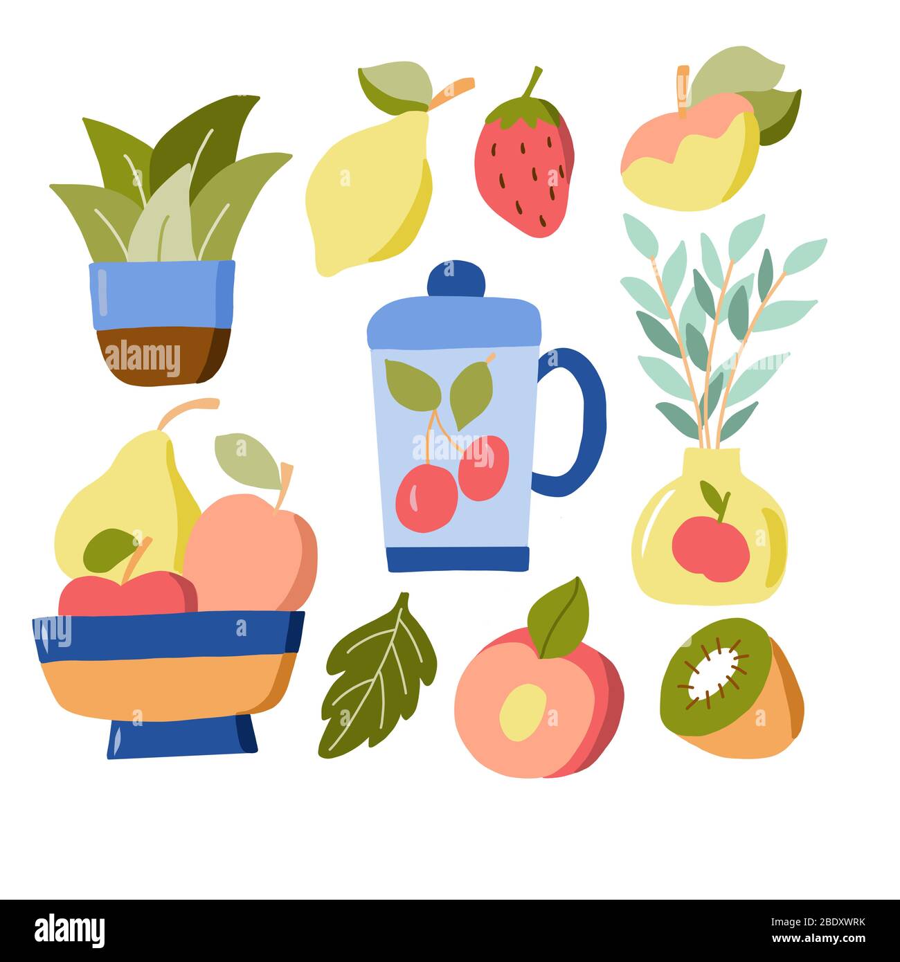 Ensemble vectoriel de fruits, vases, feuilles sur fond blanc. Pour la conception de papier peint, papier d'emballage, imprimés pour textiles, rideaux, serviettes de cuisine Illustration de Vecteur